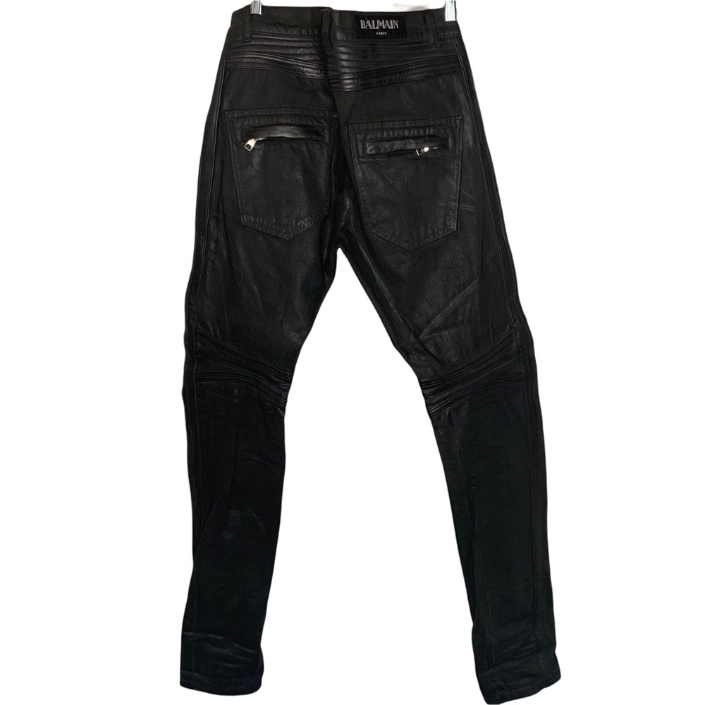 PIERRE BALMAIN Black Leather Coated Black Jean Moto Pants Size 31